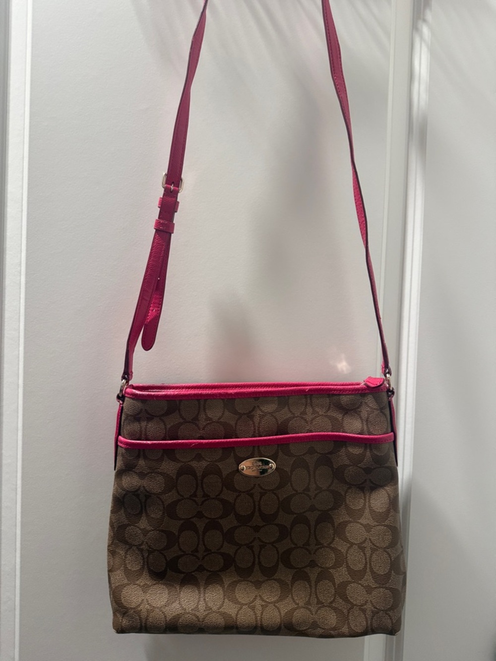 Coach Brown Signature Canvas Crossbody with Hot Pink Trim
